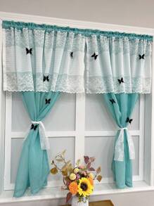 1pc Blue Voile Curtain, French Romantic Lace Ruffled Curtain Panel For Kitchen, Bathroom, Cafe, Farmhouse Style, Sheer Linen Material, Washer, Rod Pocket Design, Princess-Like - Multicolor - View 2