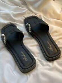 1 Pasang Sandal Wanita Model Flat Ujung Persegi dengan Hiasan Pita dan Mutiara, Serbaguna untuk Dipakai di Musim Semi/Panas, Cocok untuk Pantai, Resor, Pernikahan, dan Pesta - Hitam - View 9