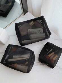 Transparent Mesh Cosmetic Bag, Makeup Bag, Cosmetic Storage Bag, Portable Storage Bag, Toiletry Bag, Large Capacity Travel Toiletry Bag, Cosmetic Storage Bag, Back To School Storage Bag, Skincare Bag, Cosmetic Storage Bag - Black - View 5