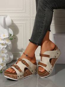 Sandali con tacco platform e plateau in stile vintage europeo e americano con doppia fibbia, tomaia bicolore, adatti per uso casual, all'aperto e per feste, con punta aperta, leggeri e comodi, colore beige, scarpe estive da spiaggia - Beige - Visualizzare 7