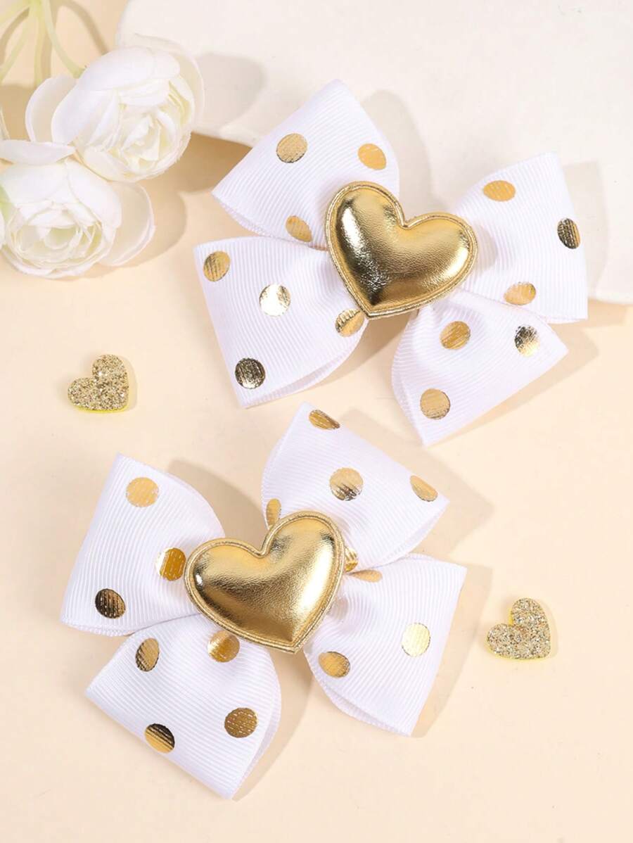 2 件女孩闪亮发夹 - 闪亮光泽心形点缀发饰，金色波尔卡圆点印花发夹，缎带鳄鱼夹，优雅发夹，适合生日、派对、日常佩戴、儿童青少年发饰 - 彩色 - 查看 1