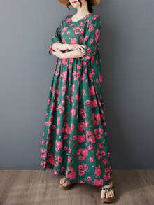 AZAH 2026新款波西米亚风沙滩连衣裙，夏季复古碎花宽松中长连衣裙，大码女士休闲优雅绿色碎花连衣裙，睡衣内衬，随机印花 - 綠色 - 查看 6