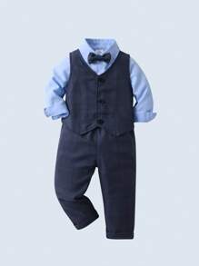 BOARNSEORL 3pcs Young Boys Gentleman Outfit - Blue Long Sleeve Shirt, Plaid Vest With Bow Tie, And Pants, Fashionable And Elegant For Formal Occasions Like Parties, Weddings, And Celebrations - Blue - View 2