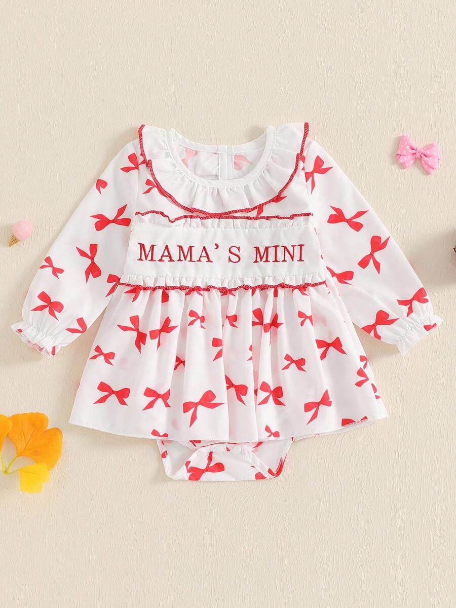 Baby Girl Spring Romper Dress Long Sleeve Ruffled Letter Embroidery Bow Print Jumpsuit - Red - View 1