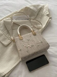 1 件女士纯色纹理刺绣石头图案手提包、单肩包和斜挎包，带拉链开合，最佳母亲节礼物 - 米色 - 查看 5