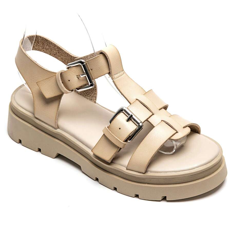 Double Strap Sandals With Adjustable Buckle And Thick Sole - Beige - View 1