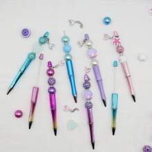 8 قطع/9 قطع قلم مرصع بخرز أزرق وبنفسجي بتدرج اللون بتصميم الحورية، مجموعة تشمل خرز أكريليك ملون بالبريق وقلادات ذيل السمكة، لوازم مكتبية وتعليمية إبداعية، هدية مكافأة