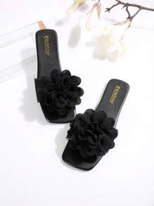 Sandales plates à enfiler femme grande taille confortables à imprimé floral et ouvertes sur les orteils, casual et pour l'extérieur, la plage, l'été - Noir - Voir 3