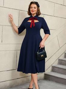 AOMEI 1950 Vintage Style Midi Dress For Women, Elegant Retro Navy Blue Half Sleeve Hollow Out With Bowknot, Party Dress, Wedding Guest Dress - Navy Blue - View 1