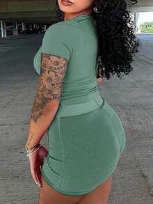 Women Slim Fit High Waist Ribbed Solid Color Round Neck Tight Short Sleeve Top And Shorts Casual 2 Pieces Set, Summer - Green - View 2