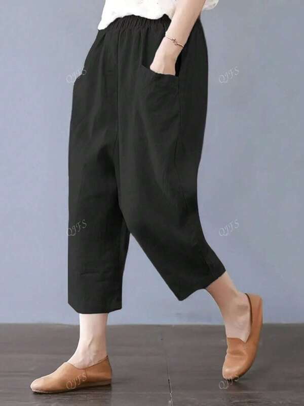Women Large Pocket Solid Color Casual 7/8 Length Pants