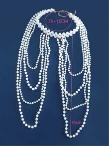 Graceful Multi-Layer Handmade (Faux) Pearl Woven Necklace/Shoulder Chain, Adjustable Length, Suitable For Party, Bikini Top, Beach Cover-Up And All Seasons - White - View 10