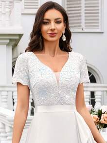 MIUSOL Deep V-Neck Contrast Sequin Lace Ruffle Trim Chiffon Formal Party Maxi Dress - White - View 9