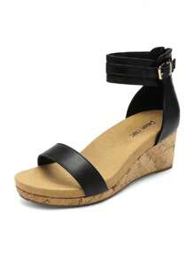 Women's Platform Wedge Sandals Open Toe Buckle Ankle Strapless Sandals Comfortable One-Strap Wood-Grain Bottom Sandals For Valentine's Day Summer Shoes - Black - View 6