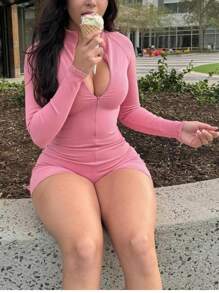 Sexy Fitted Long Sleeve Zip-Up Crop Jumpsuit For Workout & Fitness