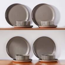 MALACASA 18 Piece Porcelain Dinnerware Set, Plates And Bowls For 6 People - Dark Gray And Khaki - Màu xám đen - Xem 7