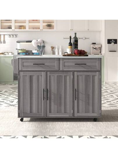 Kitchen Isl 129 71 91.5 Cm, Mobile Folding Tabletop, Drawers Storage Spaces, Trolley Metal Support Frame Height Adjustable Shelves, Kitchen, Dining Room view 3