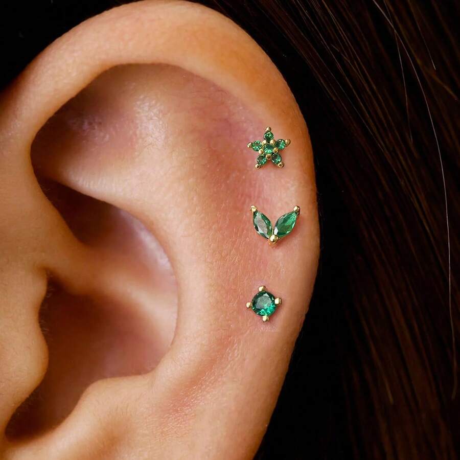 3 件装 18K 镀金不锈钢耳屏软骨穿孔耳环套装 女式耳屏耳钉时尚珠宝 - 3pcs Earrings set - 查看 1