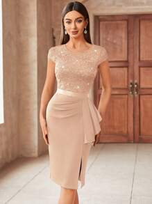 MIUSOL Elegant Contrast Lace Sequin Insert Ruffle Trim Ruched Wrap Hem Bodycon Dress,Semi Formal Women Dress,For Cocktail Party,Vacation, Graduation, Dinner - Champagne - View 6