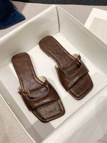 Zapatos de tacón plano tipo 'slip-on' con puntera cuadrada minimalista, acabado lacado con adorno de hebilla metálica, zapatos casuales chic para la oficina y el uso diario para mujeres