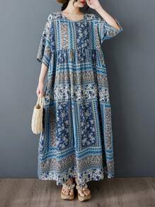 AZAH Đầm maxi cỡ lớn kiểu Bohemian mới năm 2026, tay lửng kiểu cánh dơi, cổ chữ V, có túi, dáng chữ A, chất liệu vải dệt, thích hợp làm quà tặng Ngày của Mẹ, họa tiết hoa Bohemian dài. - Màu xanh lam - Xem 1