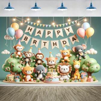 Bannière d'anniversaire thème animaux de la jungle, décorations saisonnières pour toile de fond de fête, fond de forêt tropicale adapté à la décoration murale du jardin