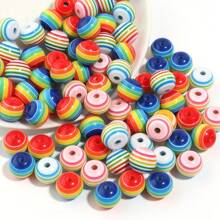 50pcs/Pack Resin Rainbow Flat Round Beads, Colorful Striped Beads, Fashion Versatile Cute Candy Color Rainbow Striped Handcraft DIY Beads For Bracelets, Necklaces, Jewelry Making, Pendants, Phone Charms, Key Chains, Bulk Beads
