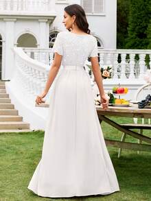 MIUSOL Deep V-Neck Contrast Sequin Lace Ruffle Trim Chiffon Formal Party Maxi Dress - White - View 3