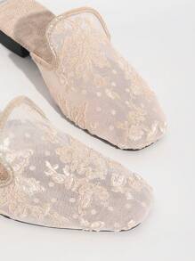 Women's Black & Champagne Closed Toe Mule Slippers, Mid-Heel, Fashion Hollow Breathable Mesh Embroidered Slip-On Sandals, Suitable For Dresses, Flat Casual Slide Sandals