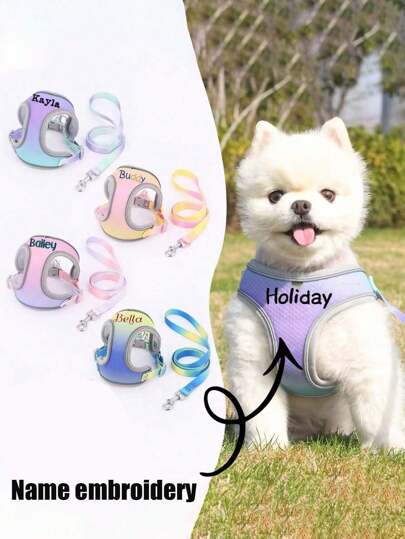 Custom Reflective Pet Harness + Gradient Color Leash Set, High-End Personalized Anti-Escape Outdoor Pet Gear, Suitable For Small, Medium And Large Pets Like Cats And Dogs, For All Seasons Ornamental,Engraved Stylish,Fashion,Colorful,Vintage,Cute,Contracted,Cuties Custom,Unique,Customized,Personalized Pet For Anniversaries,For Birthdays