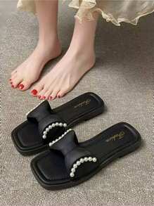 1 Pasang Sandal Wanita Model Flat Ujung Persegi dengan Hiasan Pita dan Mutiara, Serbaguna untuk Dipakai di Musim Semi/Panas, Cocok untuk Pantai, Resor, Pernikahan, dan Pesta - Hitam - View 6
