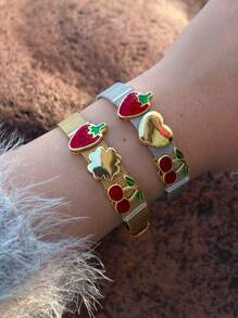1pc Fashion Elegant Stainless Steel Watch Strap With Cherry, Strawberry, Heart Accessories String Bracelet, Suitable For Women's Daily And Party Wear
