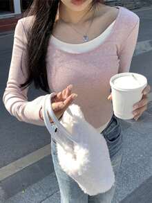 时尚二合一长袖针织毛衣上衣和优雅分层汗衫 - 粉色 - 查看 8