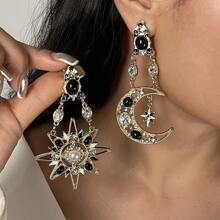1 Pair Luxury Vintage Asymmetric Crystal Star & Moon Pendant Earrings, Suitable For Women To Wear On Holidays, Parties, Banquets