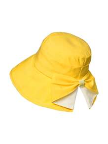 1 Sombrero de cubo de dos tonos con moño para mujer, sombrero de ala ancha de protección solar de moda para actividades al aire libre en verano Día de San Valentín - Caqui - Ver 9