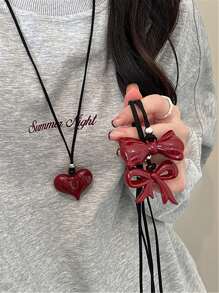 1pc Wine Red Plus Size Heart, Bowknot Pendant Long Sweater Chain Necklace For Women, Valentine's Day Jewelry, Women's Gift, Y2K Baddie Style Jewelry, Suitable For Gifts, Celebration Events, Valentine's Day Gift