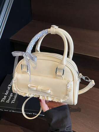 新款流行韩国小众芭蕾风格蕾丝花边保龄球包，时尚甜美风格百搭斜挎包