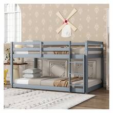 Twin Over Twin Floor Low Bunk Bed With Safety Guardrail, Climbing Ladder, Easy To Assemble, Saving Space, Bed Bedroom Storage Guard Rail Ladder Grey