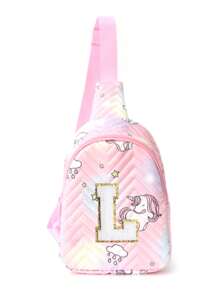 1 件 26 个英文字母刺绣粉色绗缝可爱独角兽斜挎包适合女孩卡哇伊可调节肩带便携式胸包适合徒步旅行、度假和日常通勤儿童节日礼物
