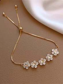 1pc Fashionable Pentagram & Flower Zirconia Drawstring Adjustable Bracelet, 5 Flowers Design Floral Style Bracelet For Women - Flowers - View 2