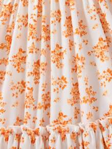 Young Girl Floral Print Spaghetti Strap Bowknot Ruffle Hem Dress - Yellow - View 8