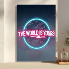 Framed  Room Decor  Of Artwork, The World Is Yours, Neon Style Canvas Print Poster, Wall Mural Decoration, Unique Creative Wall Art Decor, Suitable For Living Room, Bedroom, Office, Dining Room, Bar Wall Decoration, Waterproof, Printed, Artwork, Perfect Gift And Decoration Birthday Party Decor, Mother's Day New Year Easter Gift,  Home Living Room Office Wall Decor, Perfect Gift And Wall Decoration - Framed - View 2