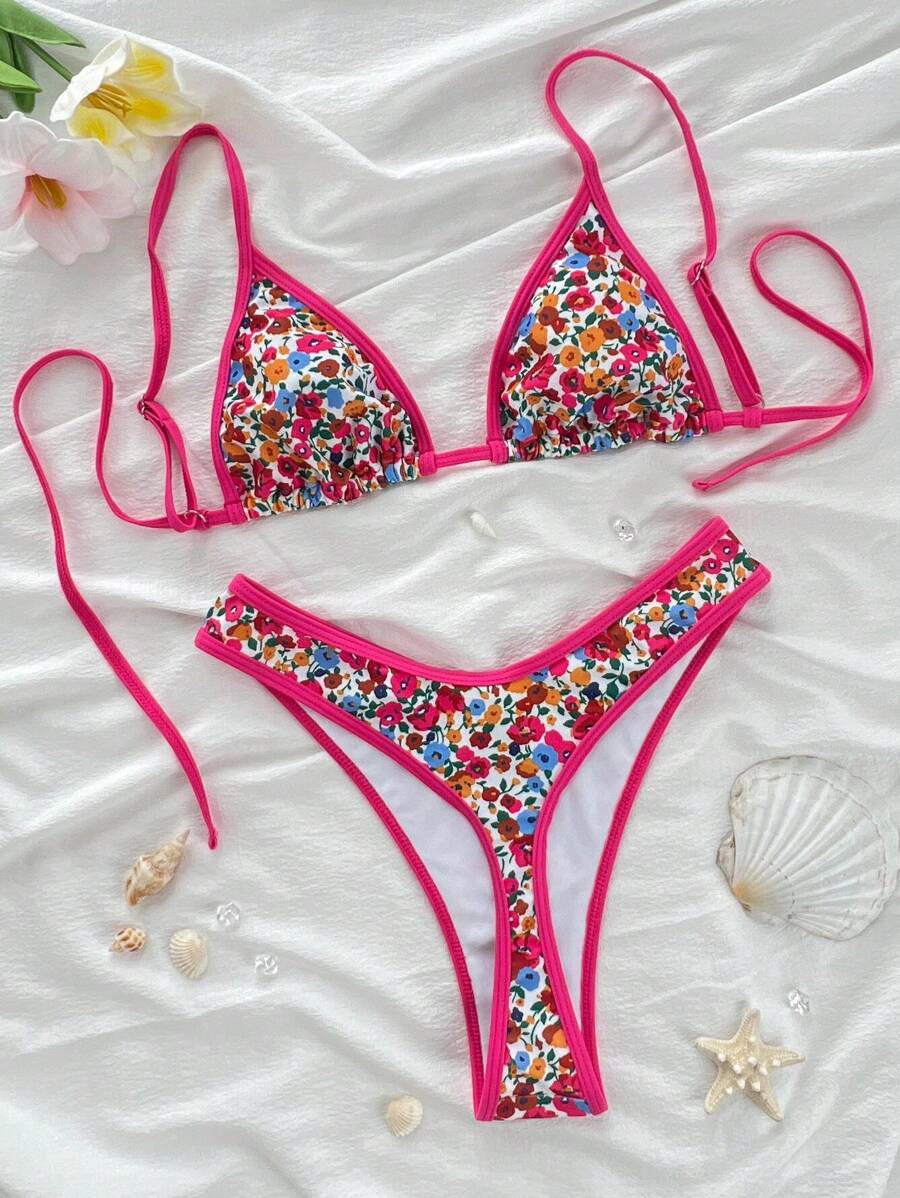 全新花卉印花软垫吊带系带性感比基尼套装，女士夏季沙滩时尚泳装