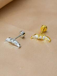 1件时尚不锈钢叶形锆石耳软骨钉耳环，女士扁平耳骨穿刺饰品，适合生日派对 - 一個圓餅鋯石葉耳環 - 查看 7