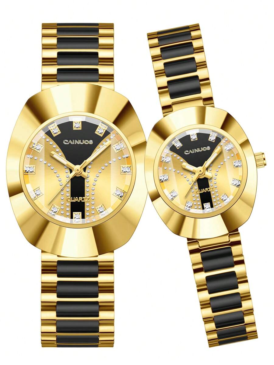 CAINUOS 2 件/套 CAlunuos 金色手表和豪华手表 - 带水钻表盘的手表，男女情侣的豪华礼物 - 金色 - 查看 1