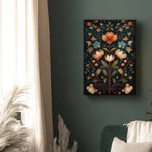 1pc Framed Canvas Wall Art Poster Abstract Digital Realism Colorful Intricate Flowers Leaves Vibrant Digital Techniques Visually Appealing Flowers On A Black Background Wall Art For Living Room Bedroom Bathroom Kitchen Apartment Hotel, Artful Home Decoration - Framed, Vertical