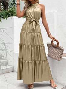 Women's Gold Halter Neck Cold Shoulder Fitted Dress, Summer - Gold - View 7