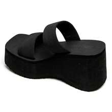 Platform Wedge Sandals With Wide Double Straps - Black - View 4