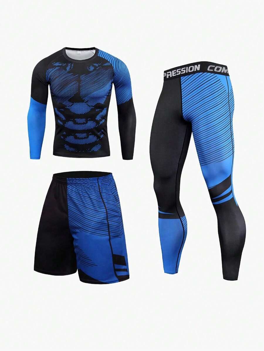 Męski 3-częściowy zestaw w stylu Boyfriend do uprawiania sportów na świeżym powietrzu, biegania, koszykówki, jazdy na rowerze, odprowadzania potu i oddychania, kamuflaż, mleczny jedwab, wiosenno-letni garnitur - Niebieski - Zobacz 1