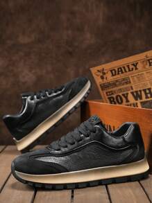 Zapatillas deportivas cómodas y transpirables de piel perforada de corte bajo para hombres, con suela gruesa antideslizante y casual tipo chunky, para uso atlético